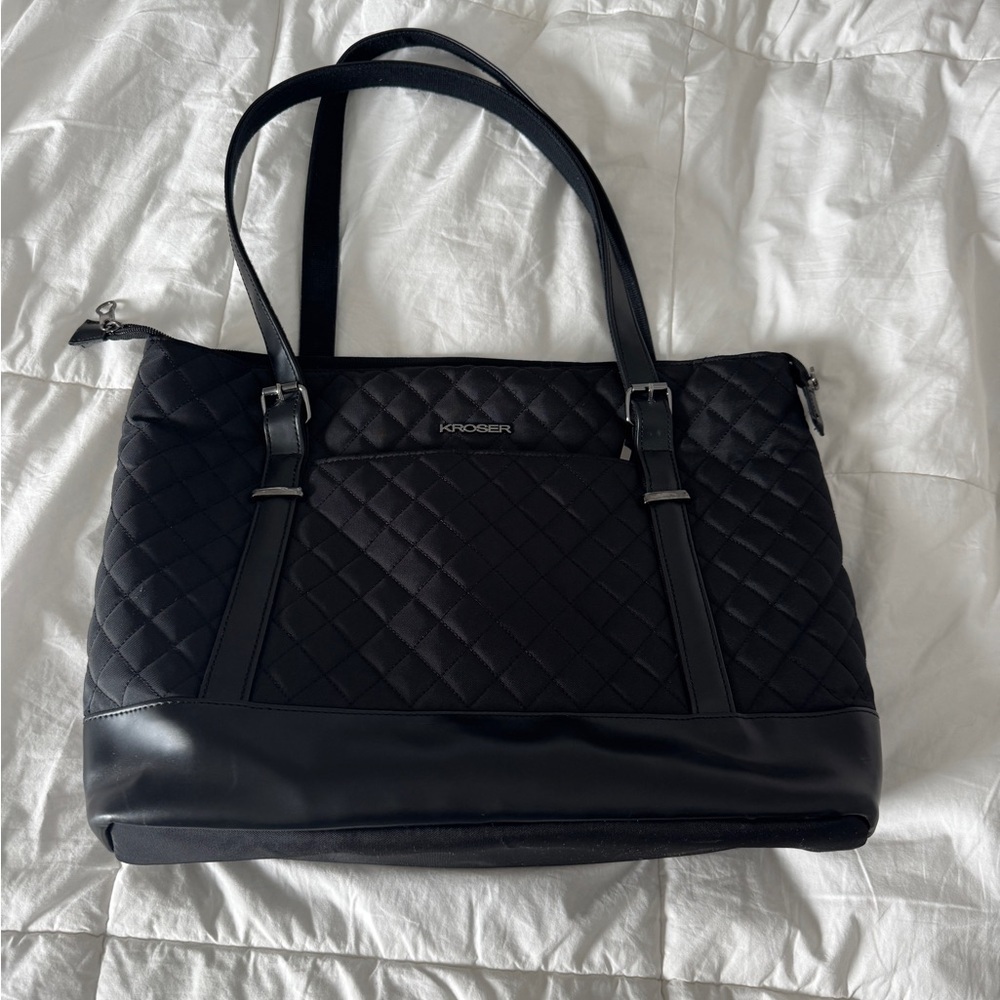 Black Quilted Tote Bag with Blue Interior Organizer Pockets Zip Top